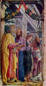 Andrea Mantegna: Pala di San Zeno - particolare delle figure scomparto a sinistra.